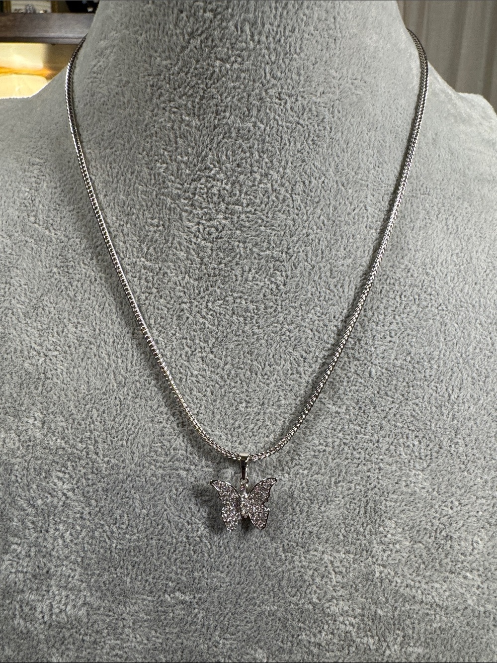 Stainless Steel Silver Butterfly Pendant Necklace - Sparkling Clear Crystals